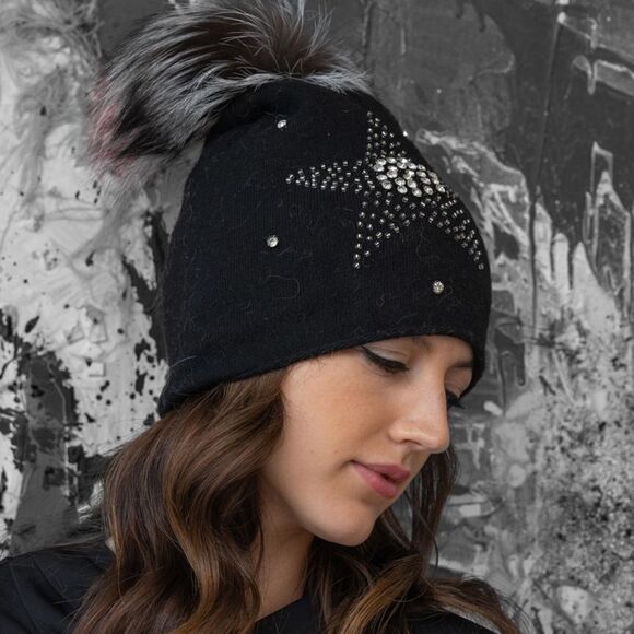 NWT New Adrienne Landau Black Crystal Embellished Wool Star Pom Pom Hat/Beanie main image 13